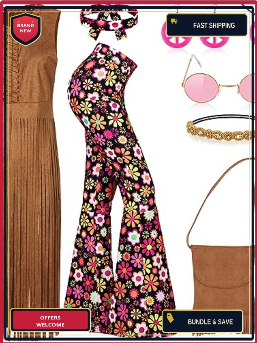 70s Hippie Costume Set 8 Pc Faux Suede Fringe Vest Flared Pants
